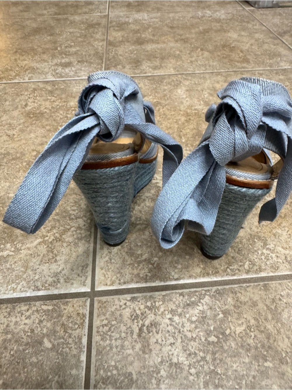 SCHUTZ Light Blue Denim Peep-Toe Wedge Sandals with Ankle Wraps - Picture 5 of 11